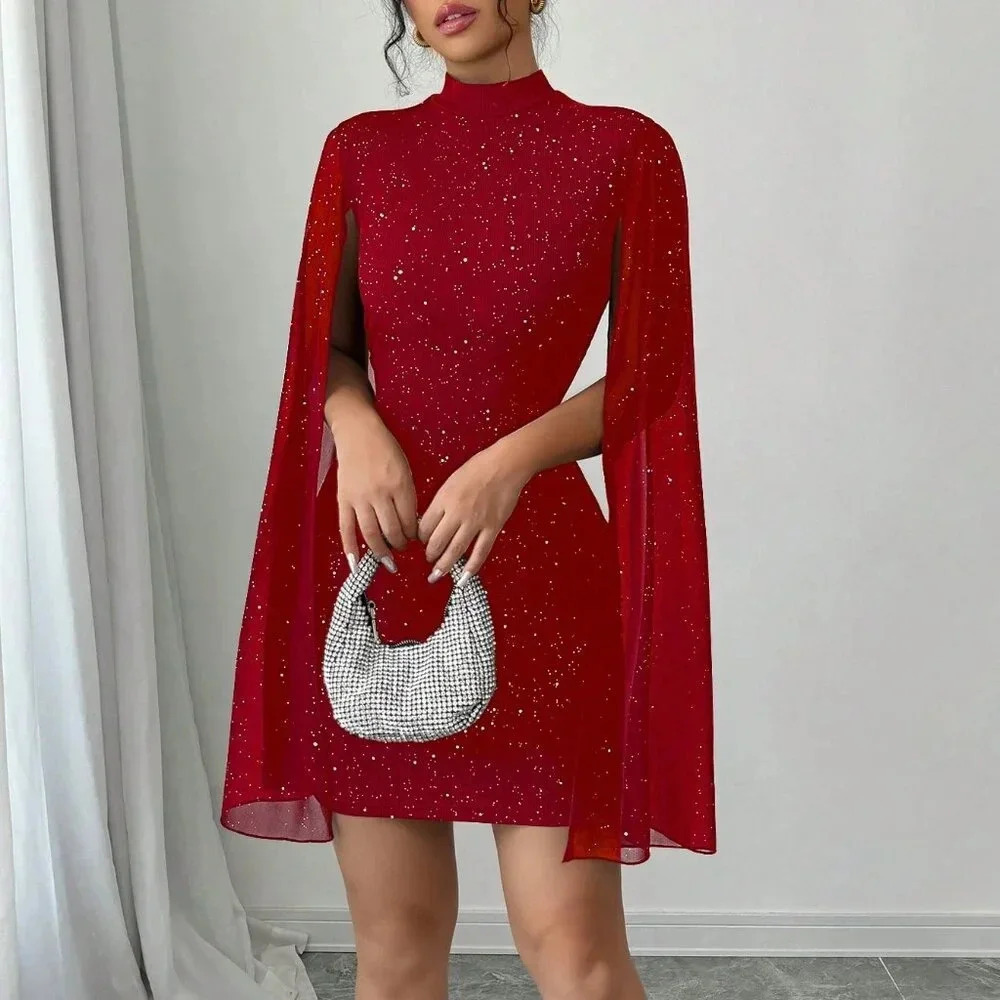 Red Party Women's Fitted Short Casual Mock Neck Flared Sleeve Bodycon Dress